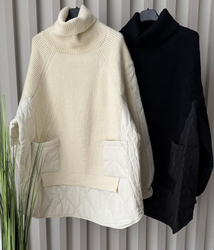 Garbó nyakú hosszított kötött pulóver steppelt betéttel