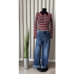   Csíkos galléros gombos bordázott női body – hosszú ujjú, elegáns fazon